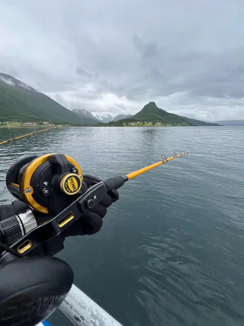 Fishing reel held on boat with mountains background