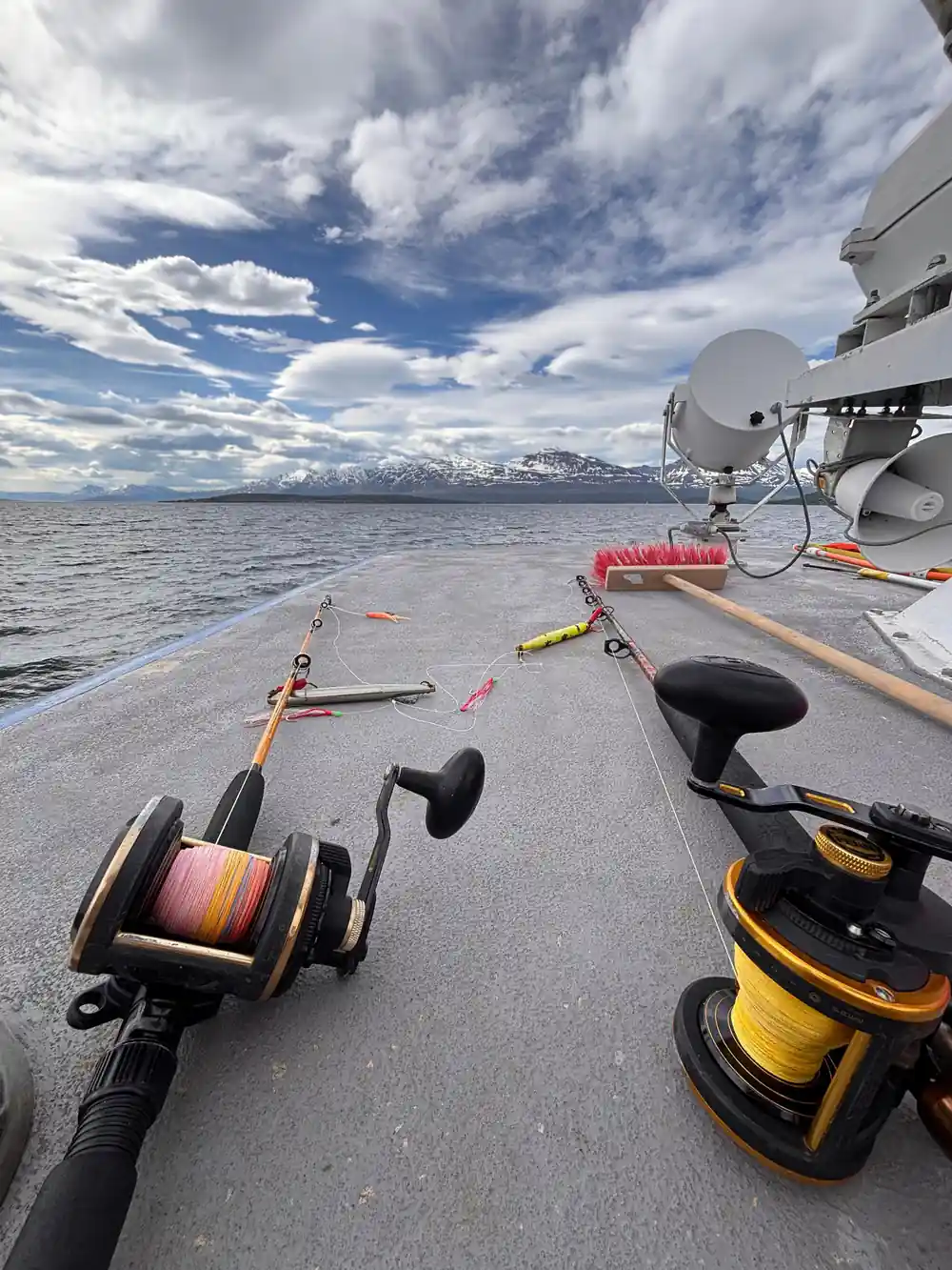 Fishing reels on boat deck with snowy mountains across water