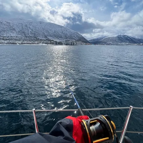 A fishing reel on deck above the Arctic water
