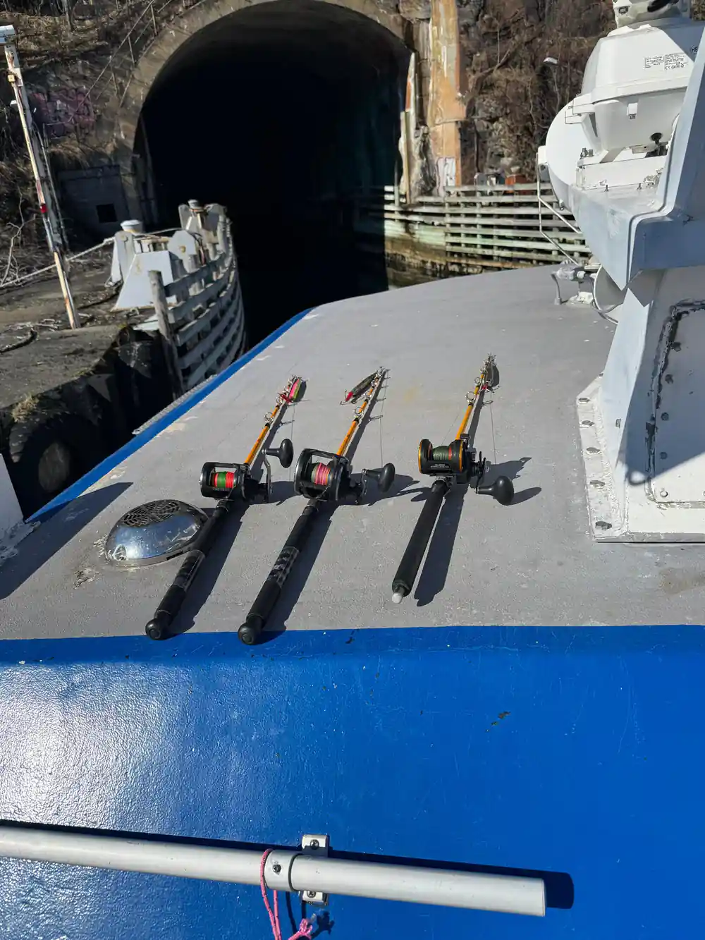 Fishing rods lined up on boat deck by tunnel