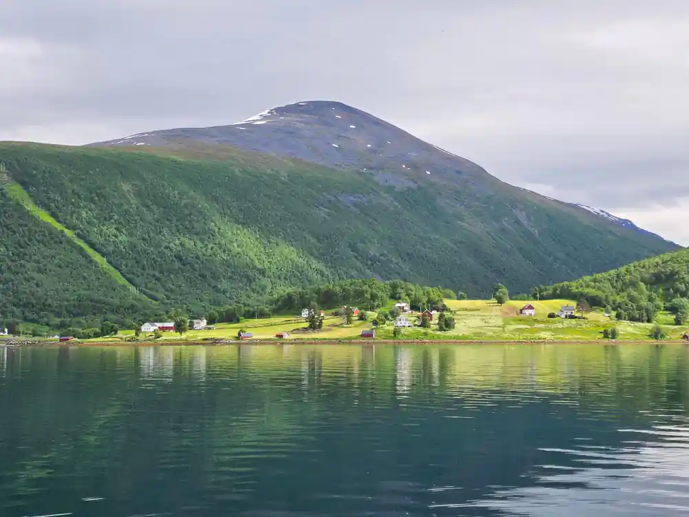 Mountain with forested slopes and valley settlement below