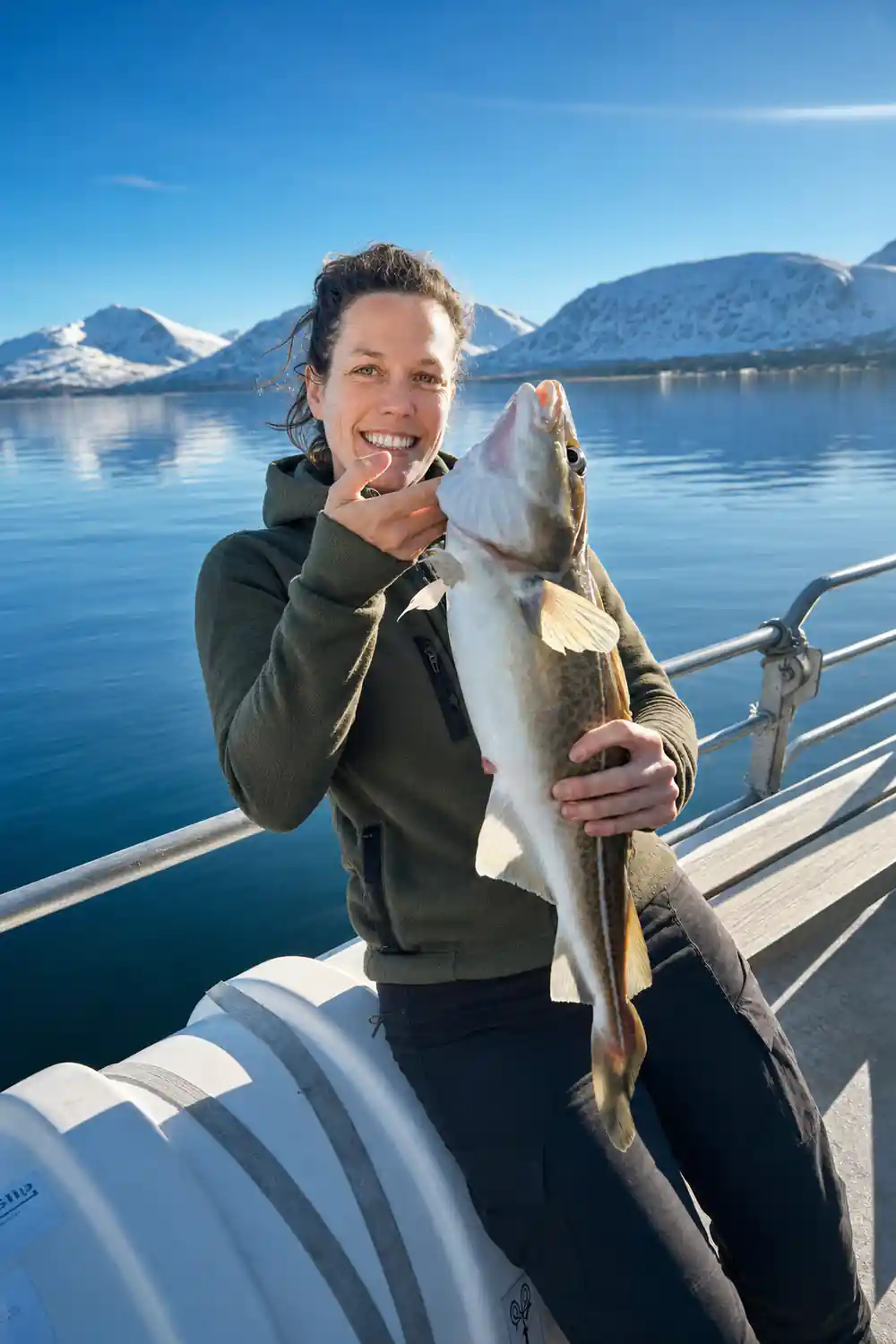 Person holding large fish on boat with snowy mountains
