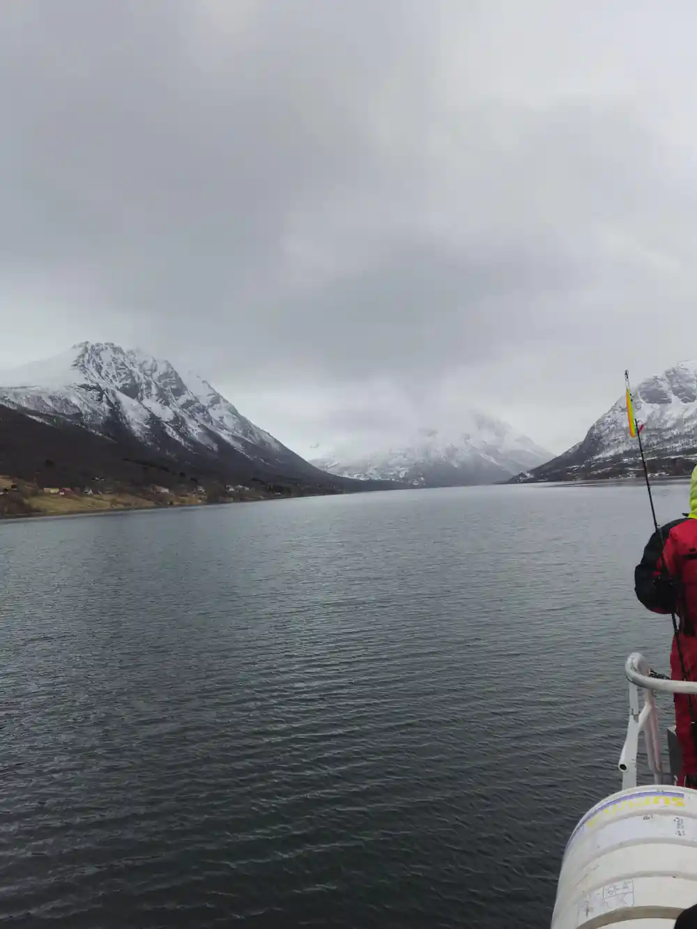 Snow-capped mountains across wide fjord or lake