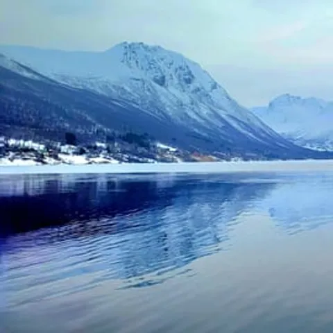 Snow-covered peaks reflected in a calm Arctic fjord